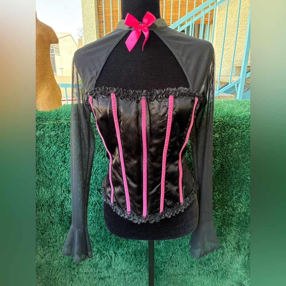Vintage 90s/Y2K XL Fredericks of Hollywood Black & Pink Corset Top Bell Sleeve